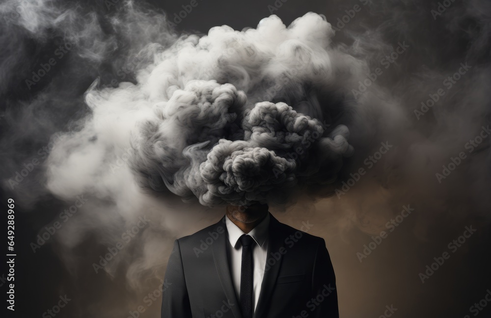 A mental Health Concept of a fictional man with a dark cloud over his head - Depression - Generative AI Illustration A mental Health Concept of a fictional man with a dark cloud over his head - Depression - Generative AI Illustration