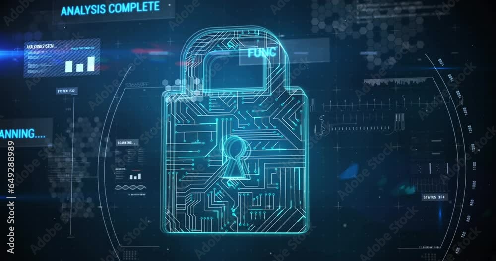 Animation of scope scanning over security padlock icon and data processing on black background Animation of scope scanning over security padlock icon and data processing on black background