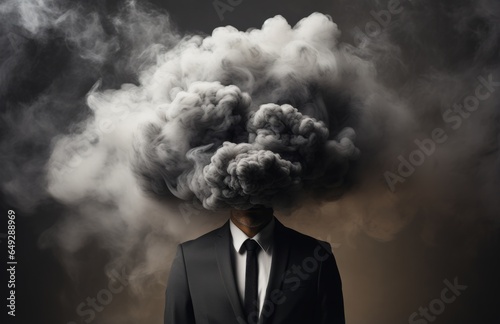 A mental Health Concept of a fictional man with a dark cloud over his head - Depression -  Generative AI Illustration photo