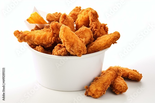 Crispy fried chicken strips in a bucket, isolated on a white background. Generative AI