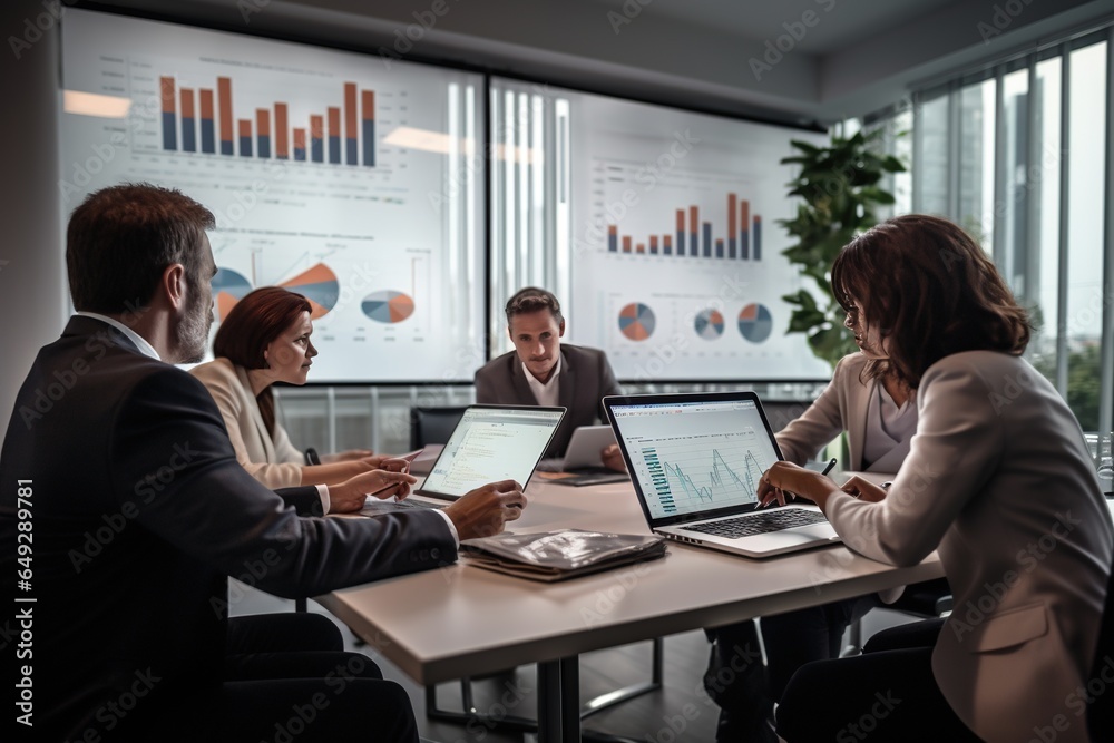 Fototapeta premium Business people group meeting in office. Professional businesswomen, businessmen, and office workers work in team conferences with project planning documents on the meeting table.