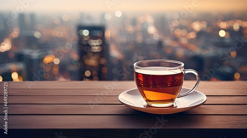A cup of tea on a table with a blurred cityscape in © Berkahmu