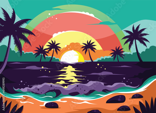 vector retro tropical summer beach ocean sunset and sunrise view cartoon vector illustration