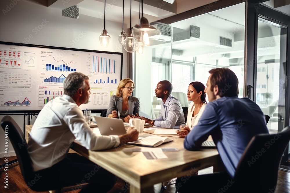 Business people group meeting in office. Professional businesswomen, businessmen, and office workers work in team conferences with project planning documents on the meeting table.