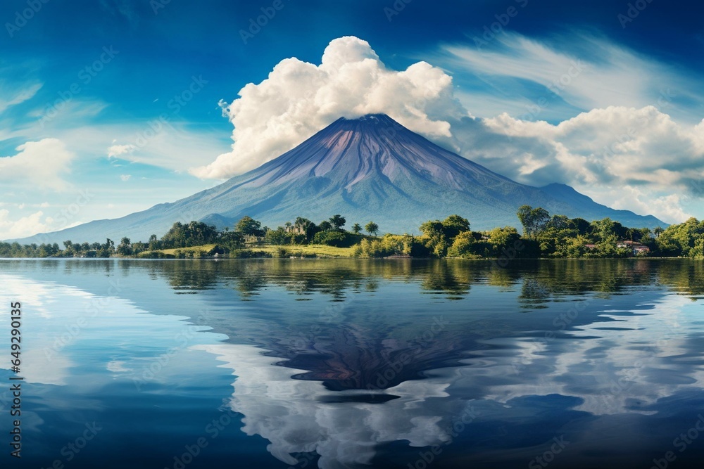 Naklejka premium Scenic panorama of a volcano from a lagoon in San Miguel, El Salvador. Generative AI