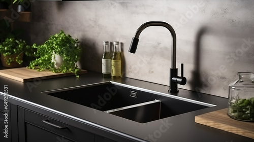 Metal kitchen sink and tap water in kitchen photo
