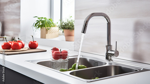 Metal kitchen sink and tap water in kitchen photo