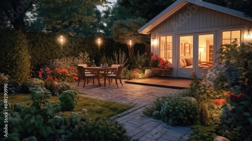 Summer Evening at a Picturesque Suburban House Patio. Garden Lights Aglow