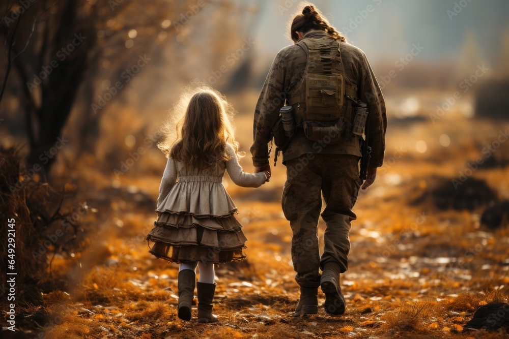 soldier girl with little girl