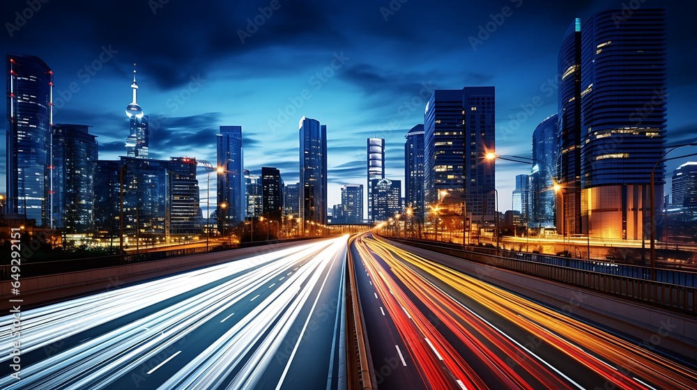 Fototapeta premium Abstract speeding or fast Motion blur of a highway overpass road, Long exposure to a speedy night drive in a big city skyline at night.