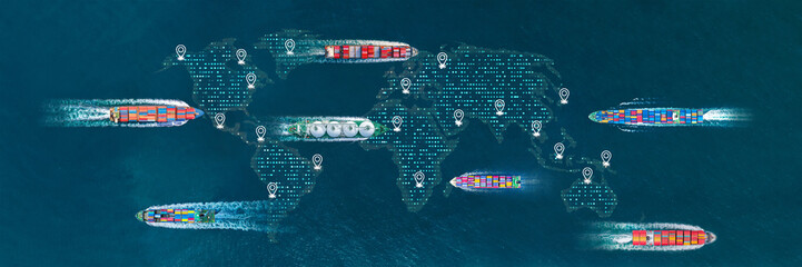 AI Cargo ship technology. Global Logistics international delivery concept, World map logistics and supply chain network distribution container Ship running for export import to customs ocean 