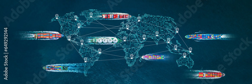AI Cargo ship technology. Global Logistics international delivery concept, World map logistics and supply chain network distribution container Ship running for export import to customs ocean 