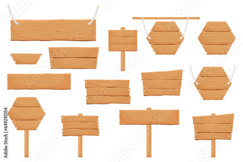 Set of Wooden banners, Textured templates of billboards, rustic announcement signs. Vector cartoon collection of wooden texture backgrounds.