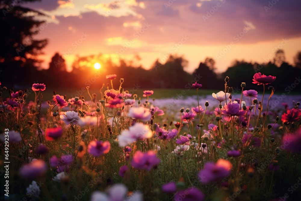 Beautiful cosmos flowers in the field at sunset. Nature background. 