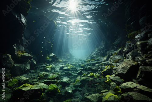 Underwater scene with dark cave and sun rays. 3d rendering.  © kmmind