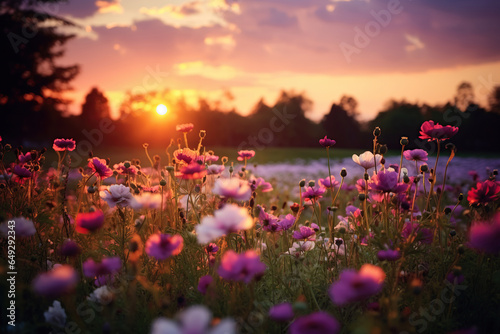 Beautiful cosmos flowers in the field at sunset. Nature background. 