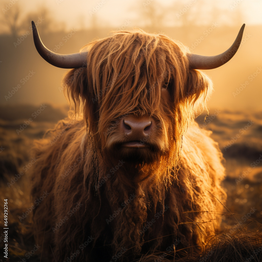 A highland cow on a scottish field - obrazy, fototapety, plakaty 