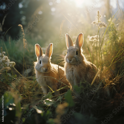 Two Loop-eared rabbits, standing in a bright summer field