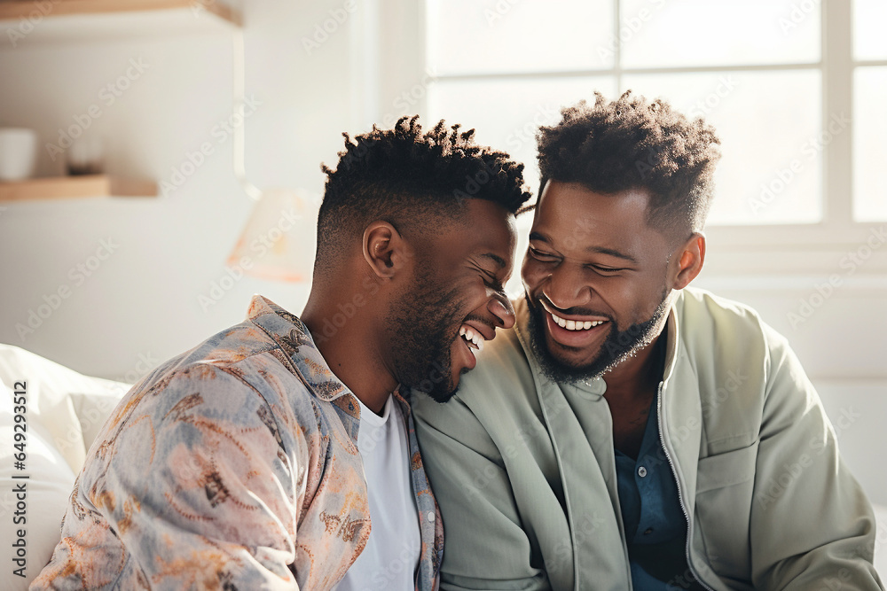 African American gay couple at home, happiness together, affectionate kiss African American gay couple at home, happiness together, affectionate kiss