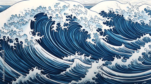 Japanese style blue sea waves, pen illustration, Generative AI