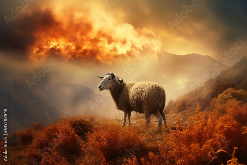 Sheep surround fiery bush atop mountain. Bible tale with religious motif. Generative AI