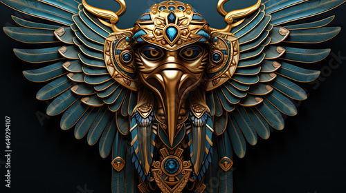 Fantasy egyptian pharaoh goddess with golden wings on a black background. photo