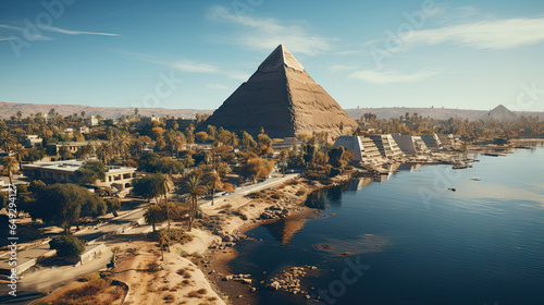 Fotografia Egyptian pyramids and city on the Nile river