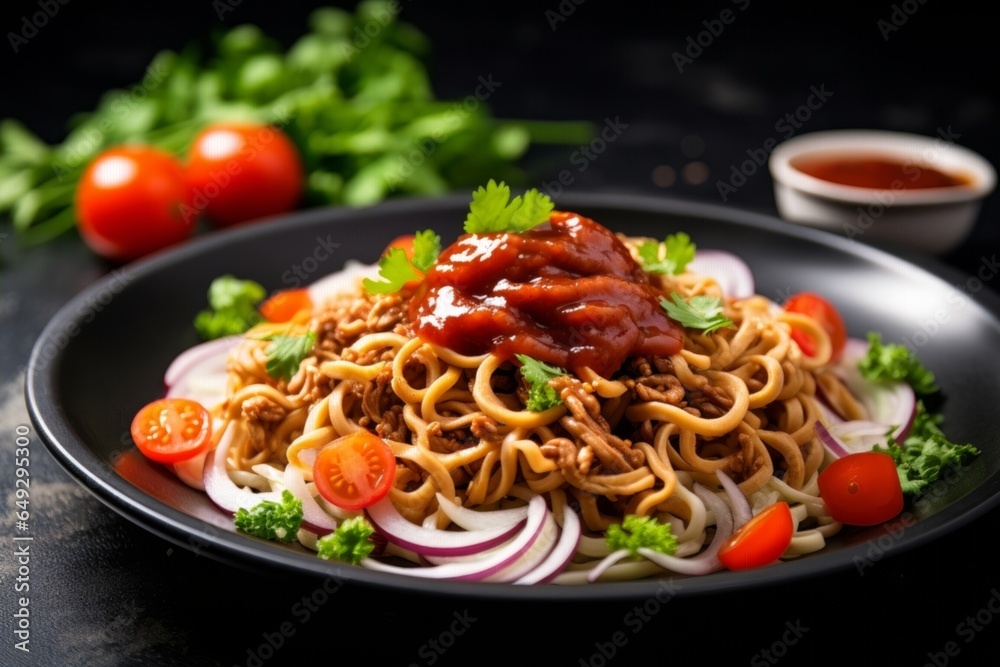 Buckwheat noodles served with a spicy sauce and nicely arranged toppings on a black plate Buckwheat noodles served with a spicy sauce and nicely arranged toppings on a black plate