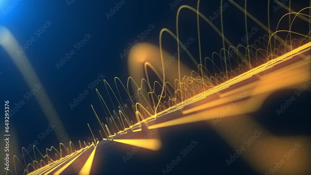 Glowing gold neon oscillating sine waveforms flowing up and down at high frequency towards the camera. This science oscillation concept motion background is 4K and a seamless loop.