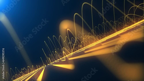 Glowing gold neon oscillating sine waveforms flowing up and down at high frequency towards the camera. This science oscillation concept motion background is 4K and a seamless loop.