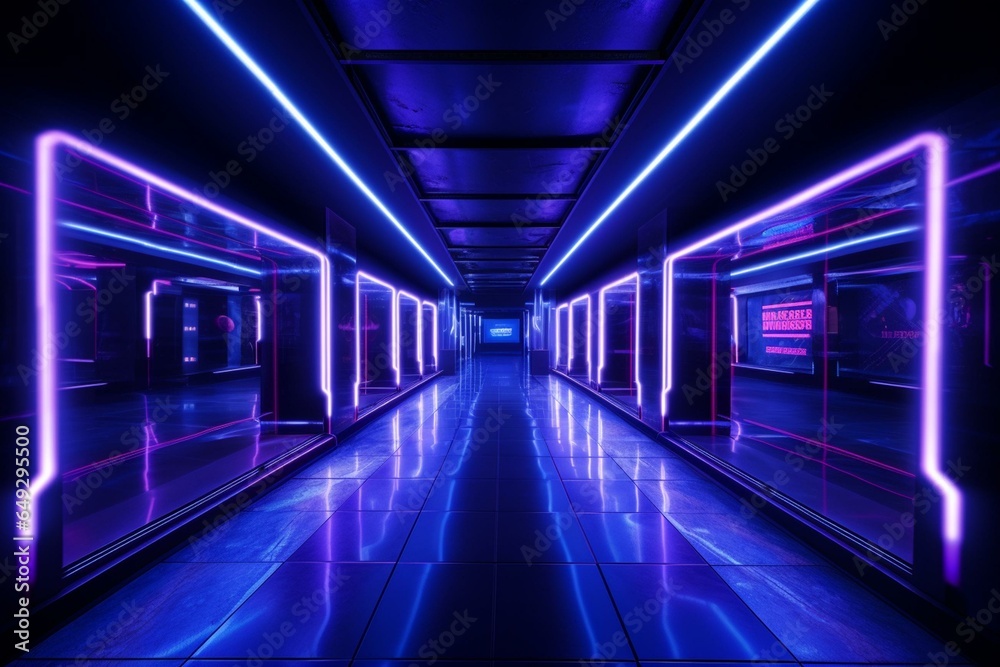 High-tech corridor illuminated with blue neon lights for advertising and gaming. Generative AI