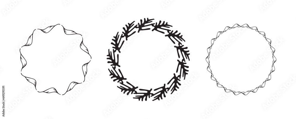 Fototapeta premium Wreath group in quirky vector style isolated on white background. Decorative frame collection for playful antique graphics. Monochrome ornate quirky illustration. 