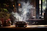 Smoke from incense burner on buddhist altar in Japanese house. Generative AI