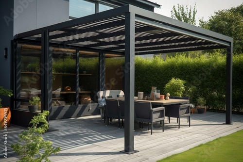 Stylish patio shelter with pergola, awning, garden lounge, chairs, metal grill and landscaping. Generative AI