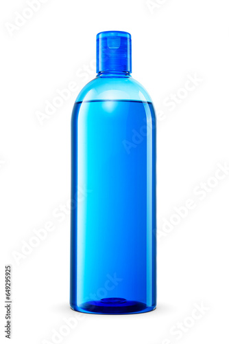 Blue shower gel or shampoo in transparent plastic bottle isolated. Transparent PNG image.