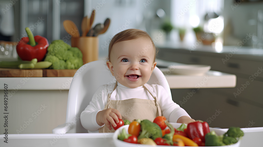 A small smiling child with a variety of vegetables and a full meal on the background of the kitchen. A small smiling child with a variety of vegetables and a full meal on the background of the kitchen.