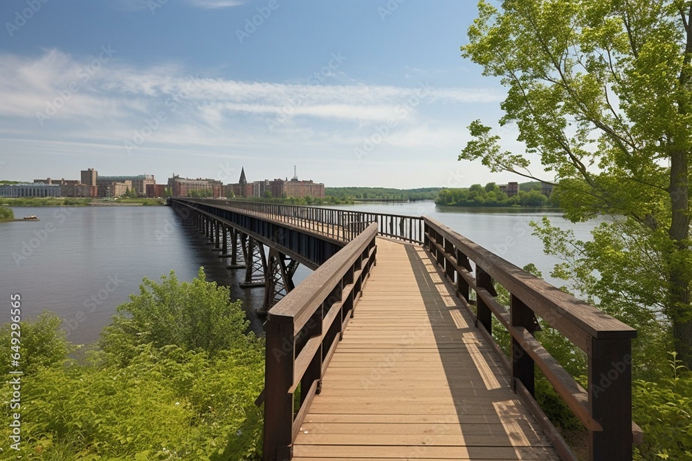 An iconic walking bridge in Fredericton, New Brunswick, Canada. Generative AI