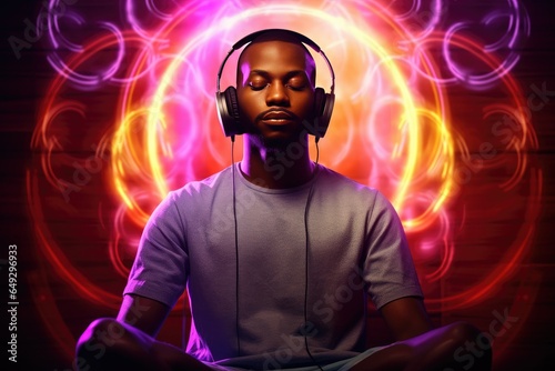 Sound Therapy uses sound, music and specialist instruments played in therapeutic ways, combined with deep self-reflection techniques. African America black young man in headset