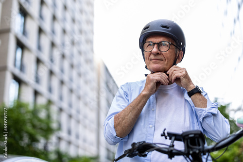 Mature man putting on helmet before cycling in the city 

