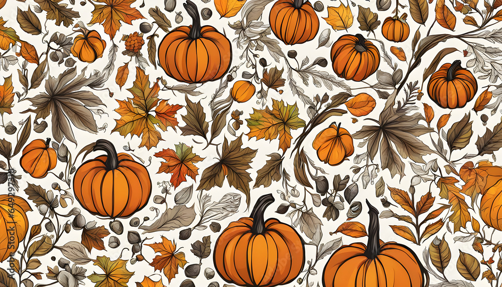 seamless pattern with autumn harvest, seamless pattern with vegetables, seamless pattern with pumpkins
