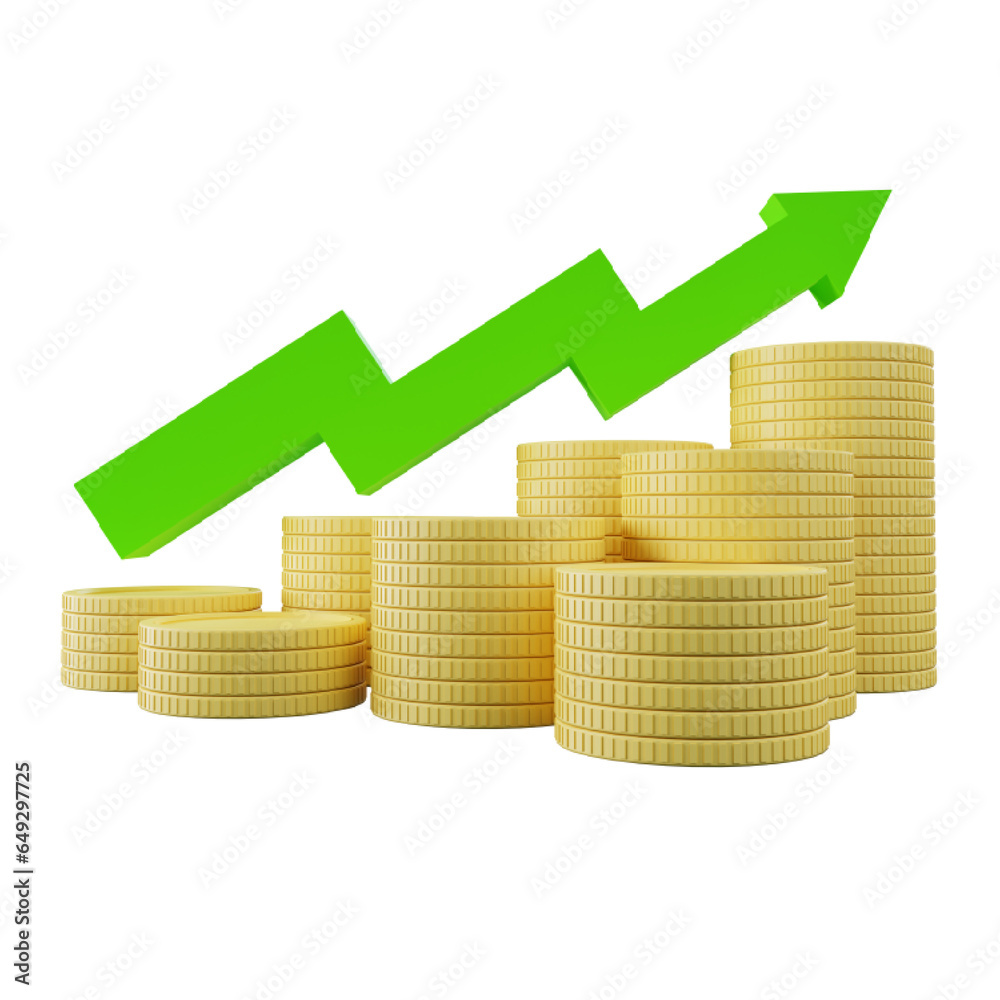 3d render green arrow grow and coin stacks with transparent background 3d render green arrow grow and coin stacks with transparent background