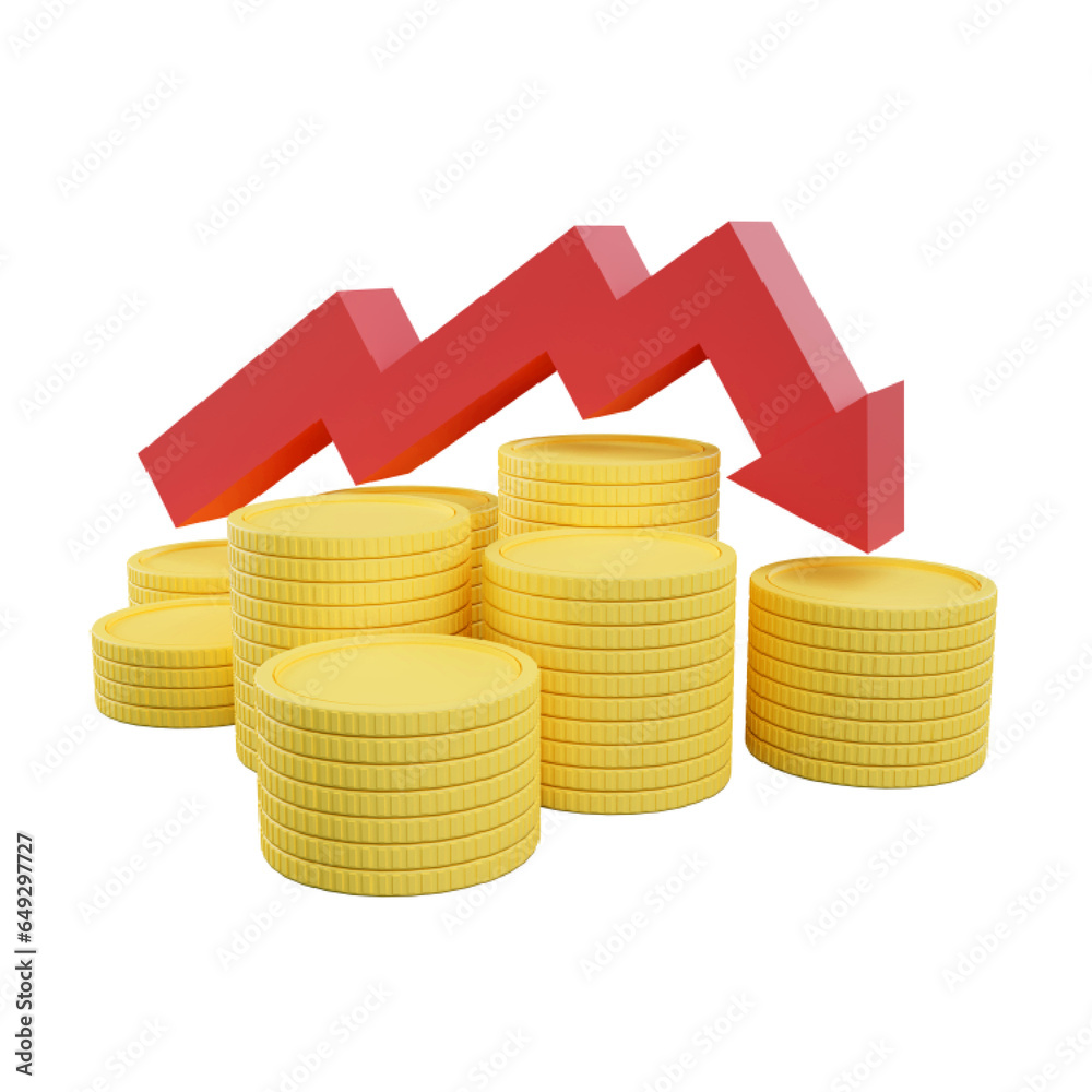 3d render red arrow going down the coin stacks with transparent background 3d render red arrow going down the coin stacks with transparent background