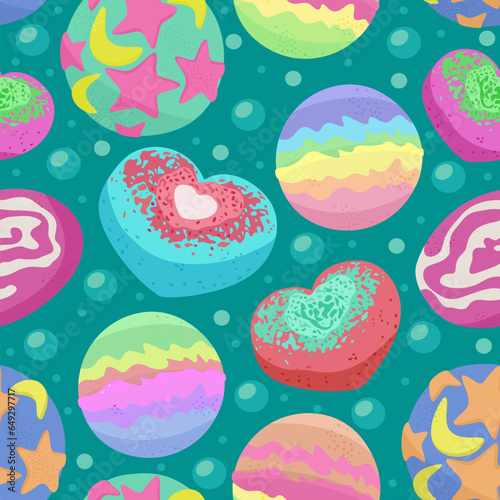 Vector seamless pattern with bath bombs and bubbles.