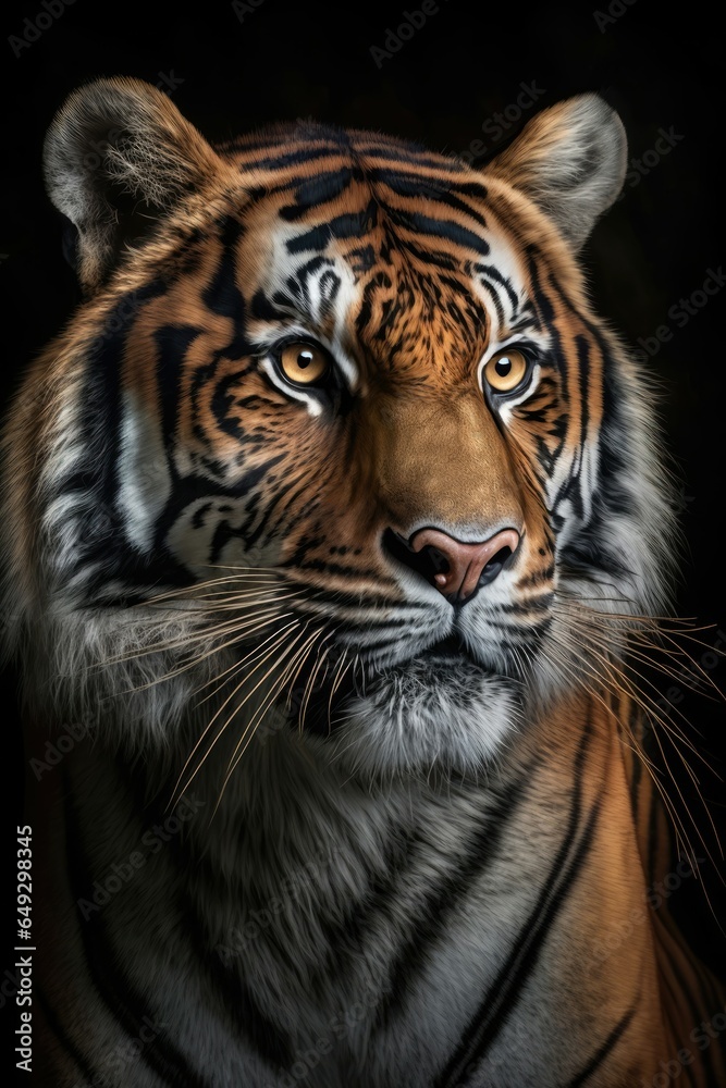 Fototapeta premium Portrait of a tiger on a black background in the studio
