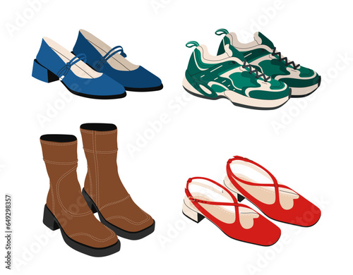 Set of female shoes concept. Fashion, trend and style. Boots and green sneakers. Accessory and clothes. Aesthetics and elegance. Cartoon flat vector collection isolated on white background