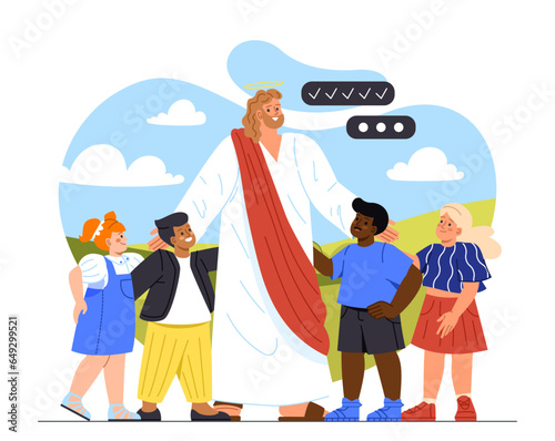 Jesus with children concept. Man with beard communicate with boys and girls. Religion, bible and mythology. Culture and traditions. Poster or banner. Cartoon flat vector illustration