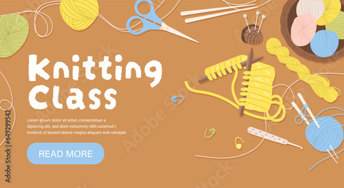Knitting lessons banner concept. Handmade and handicraft. Tailor, seamstress and atelier equipment. Sewing needles, scissors and colorful threads, pin cushion. Cartoon flat vector illustration