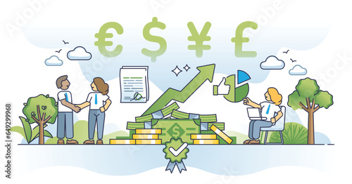 Global economic growth with money stock market development outline concept. Investment management for earnings profit in dollars or euro currency vector illustration. Increase banking assets trade.