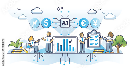 Artificial intelligence in finance for AI money investment outline concept. Economical calculation, exchange profit and stock information automation for effective and smart trade vector illustration.