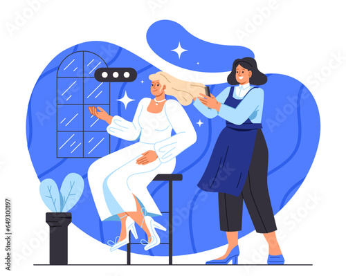 Morning bridal routine concept. Woman in white dress with stylist. Marriage ceremony. love and romance. Bride getting ready to meet her groom. Cartoon flat vector illustration